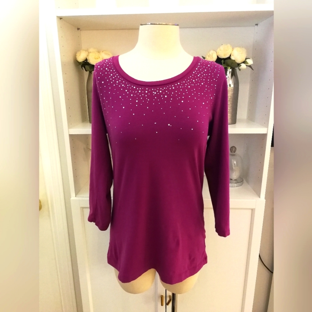 XL 3/4" sleeve hot pink bedazzled top by Valerie Bertinelli
